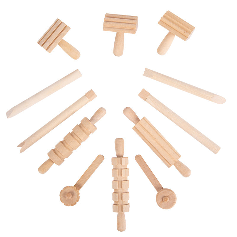 Wooden Sensory Playdough Roller Pin Set Tool Kit 12 pieces