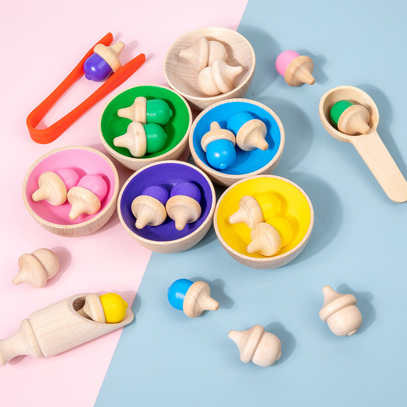 Wooden Montessori Acorn Colouring Sorting Set with Bowl and Utensils Sensory Bin Kit
