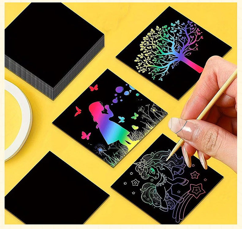 100 Sheets 9cm x 9cm Fluro Scratching Paper Art Kit