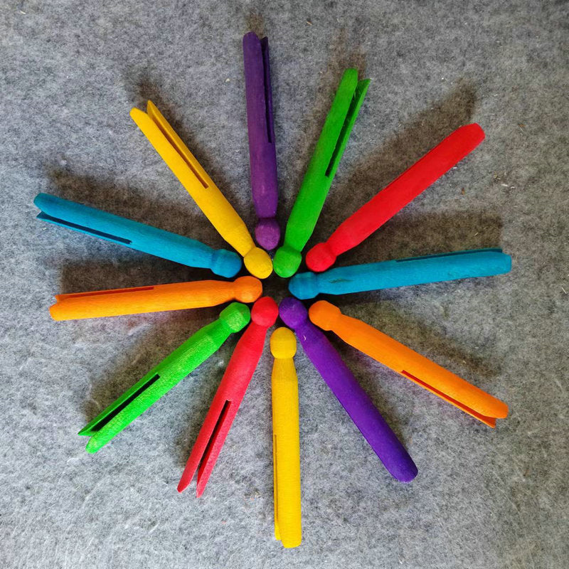 12 Piece Natural Wooden Clothesline Dolly Pegs Loose Parts Toy