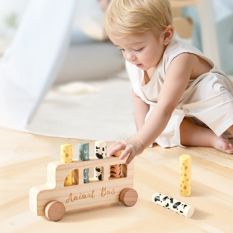 Wooden Pop Up Peg Push Rolling LIttle Car Bus Toy