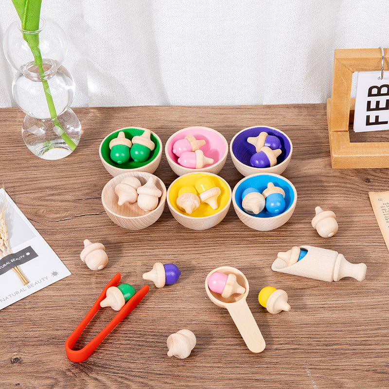 Wooden Montessori Acorn Colouring Sorting Set with Bowl and Utensils Sensory Bin Kit