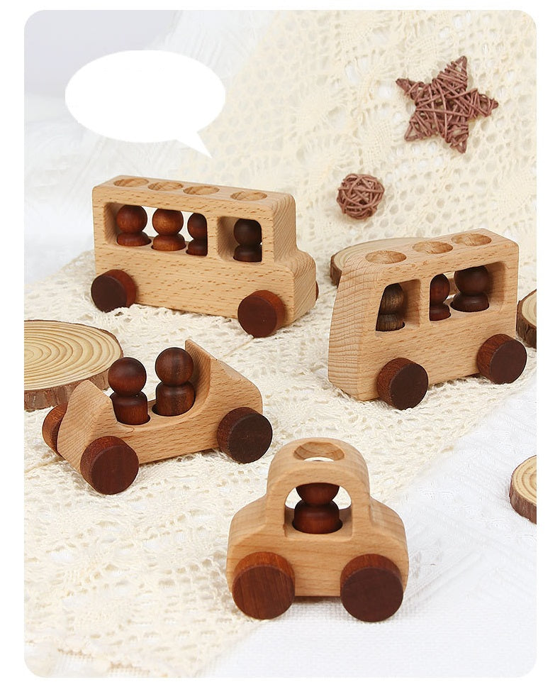 Wooden Toy Cars and Peg Doll Drivers Natural Set of 4