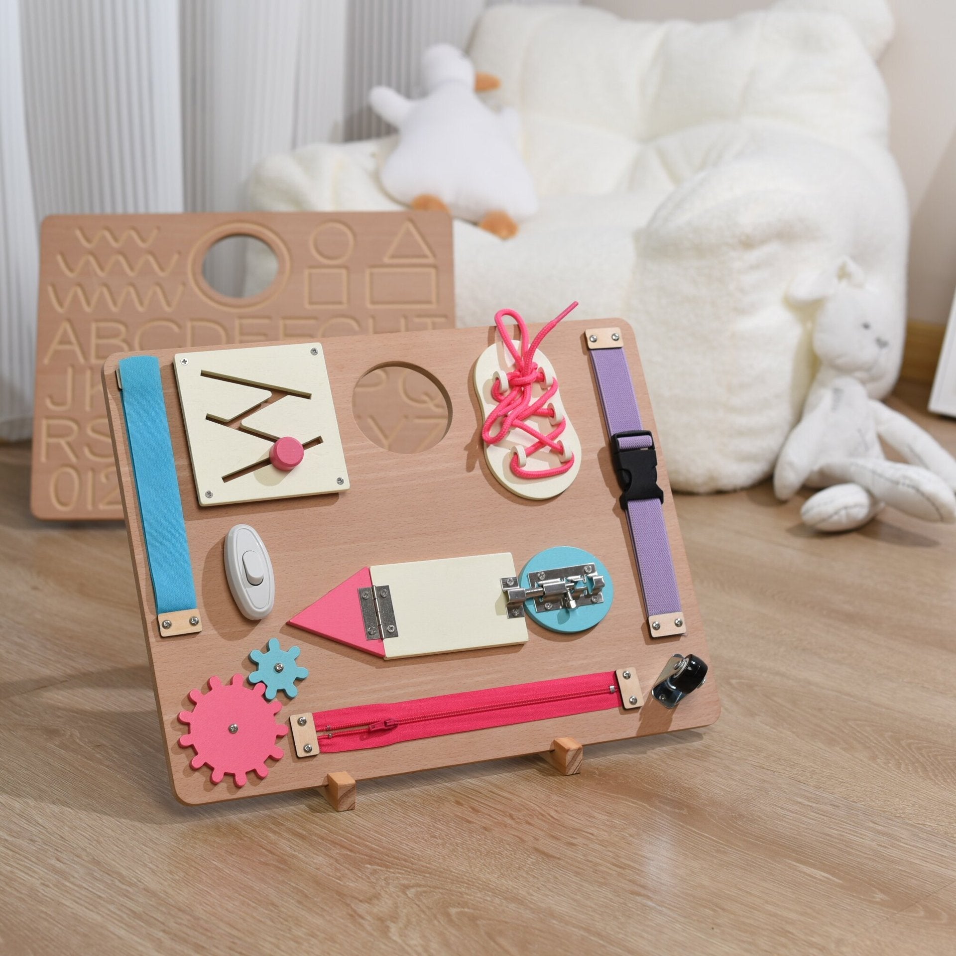 Montessori Wooden Busy Board Zipping, shoeslace, doors with ABC Tracing Pastel Busy Board Toy