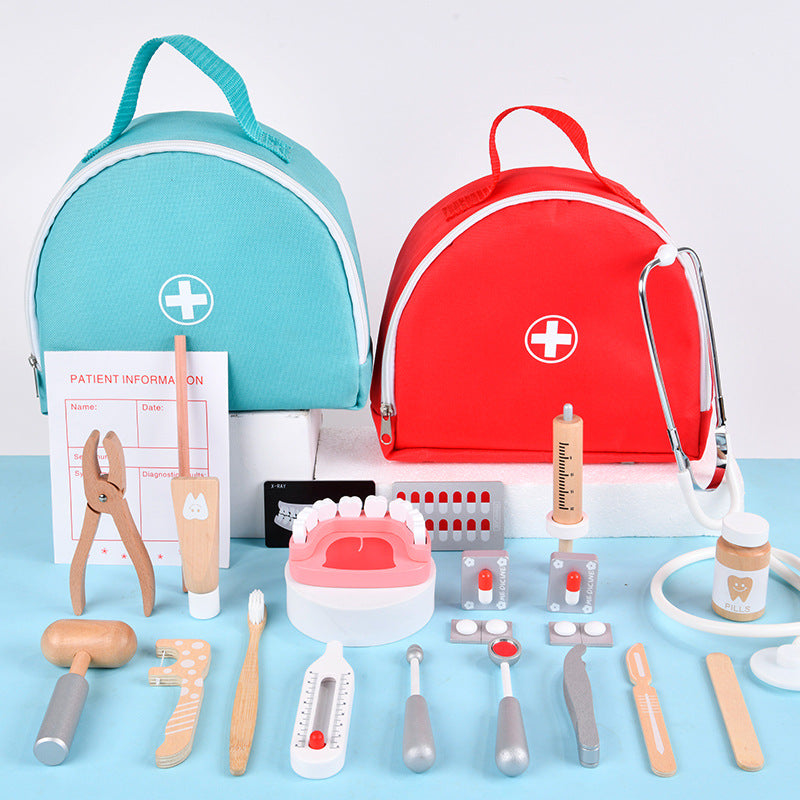 Kids Wooden Doctor Kit with Medical Bag Playset Red First Aid Kit