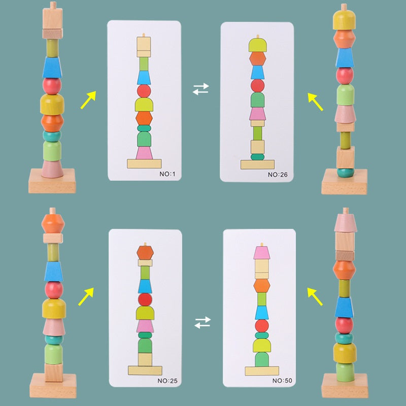 Jumbo Beads Sequencing One Pillar Shape Stacker With Flash Cards and Threading