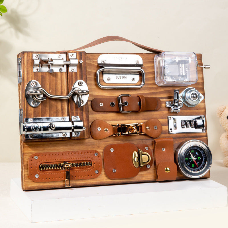 Wooden Busy Board Children Montessori Toy Latches Locks Compass Belts Clips