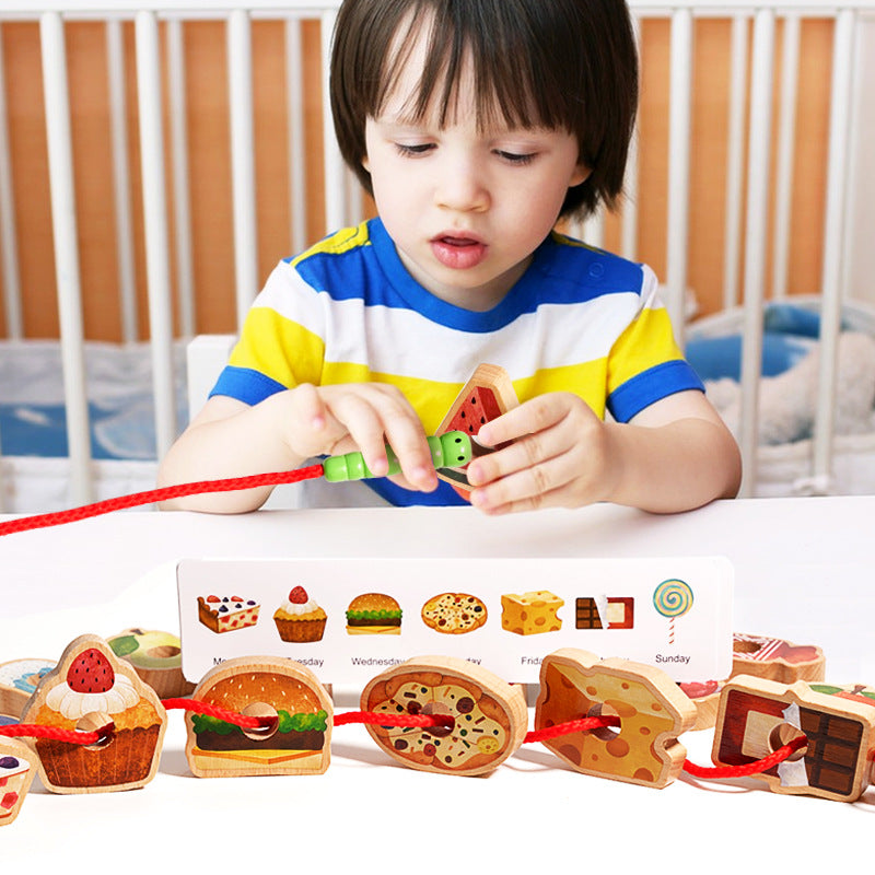 Wooden Caterpillar Eating Food Thread Beads Kids Activity