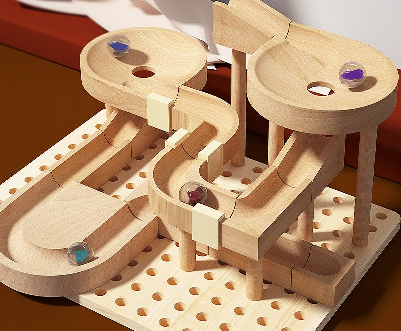 Solid Wooden Marble Run Blocks Ball Track Toy STEM Set