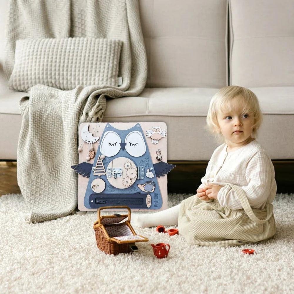Fidtoy Montessori Busy Board – Chouette (Owl) Wooden Sensory Activity Toy for Toddlers