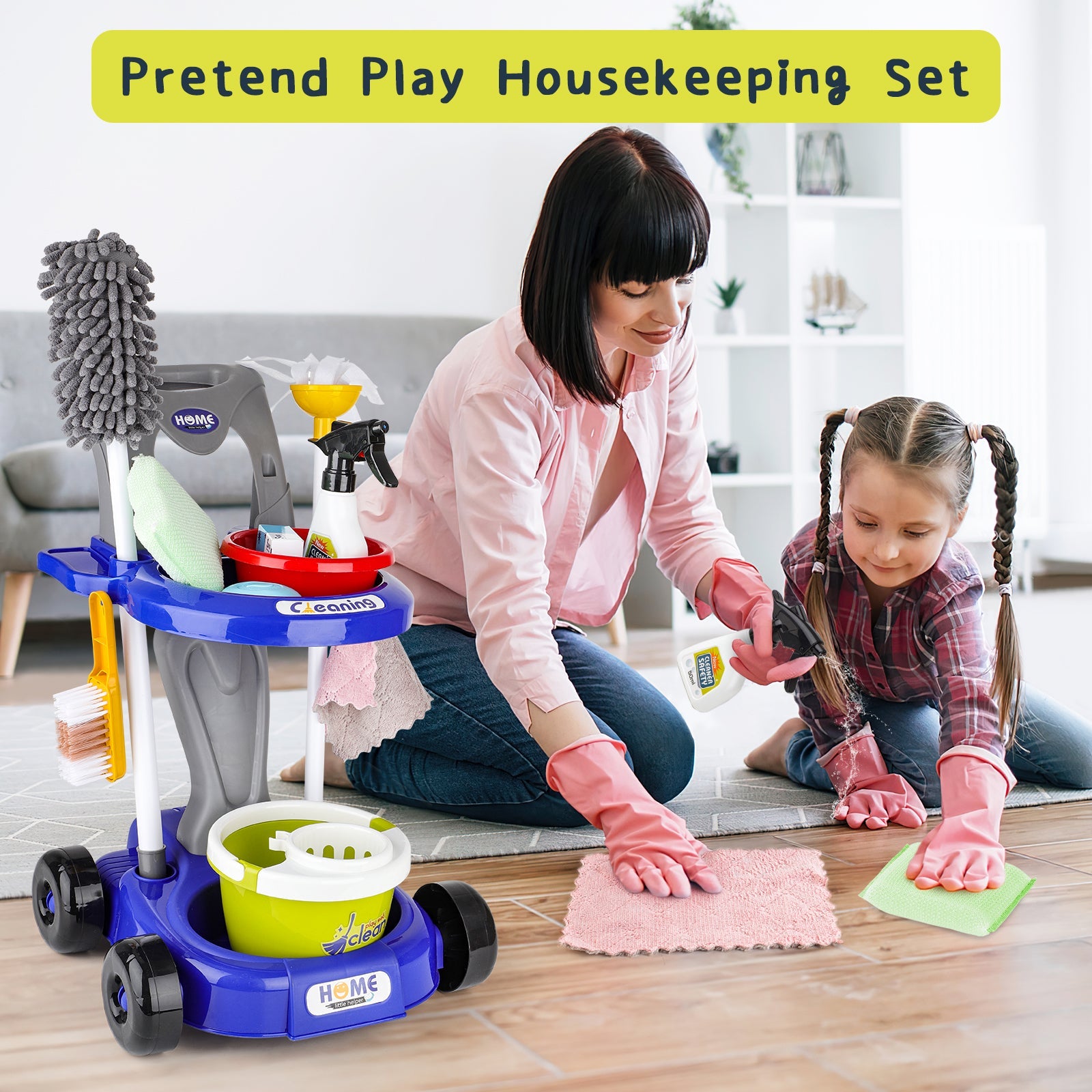 Kids Play Trolley Cleaning Set - Educational Toy Cleaning Set for Toddlers, Children’s Role Play Cleaning Tools with Housekeeping Cart, Broom, and Dust Pan, 12 Pieces Pretend Play Set for Boys and Girls Ages 3-8