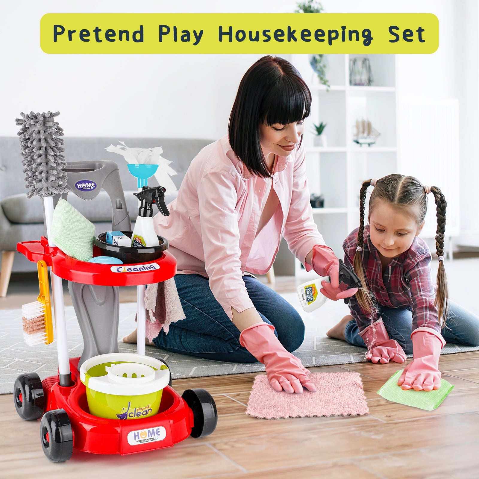 Kids Play Trolley Cleaning Set - Educational Toy Cleaning Set for Toddlers, Children’s Role Play Cleaning Tools with Housekeeping Cart, Broom, and Dust Pan, 12 Pieces Pretend Play Set for Boys and Girls Ages 3-8