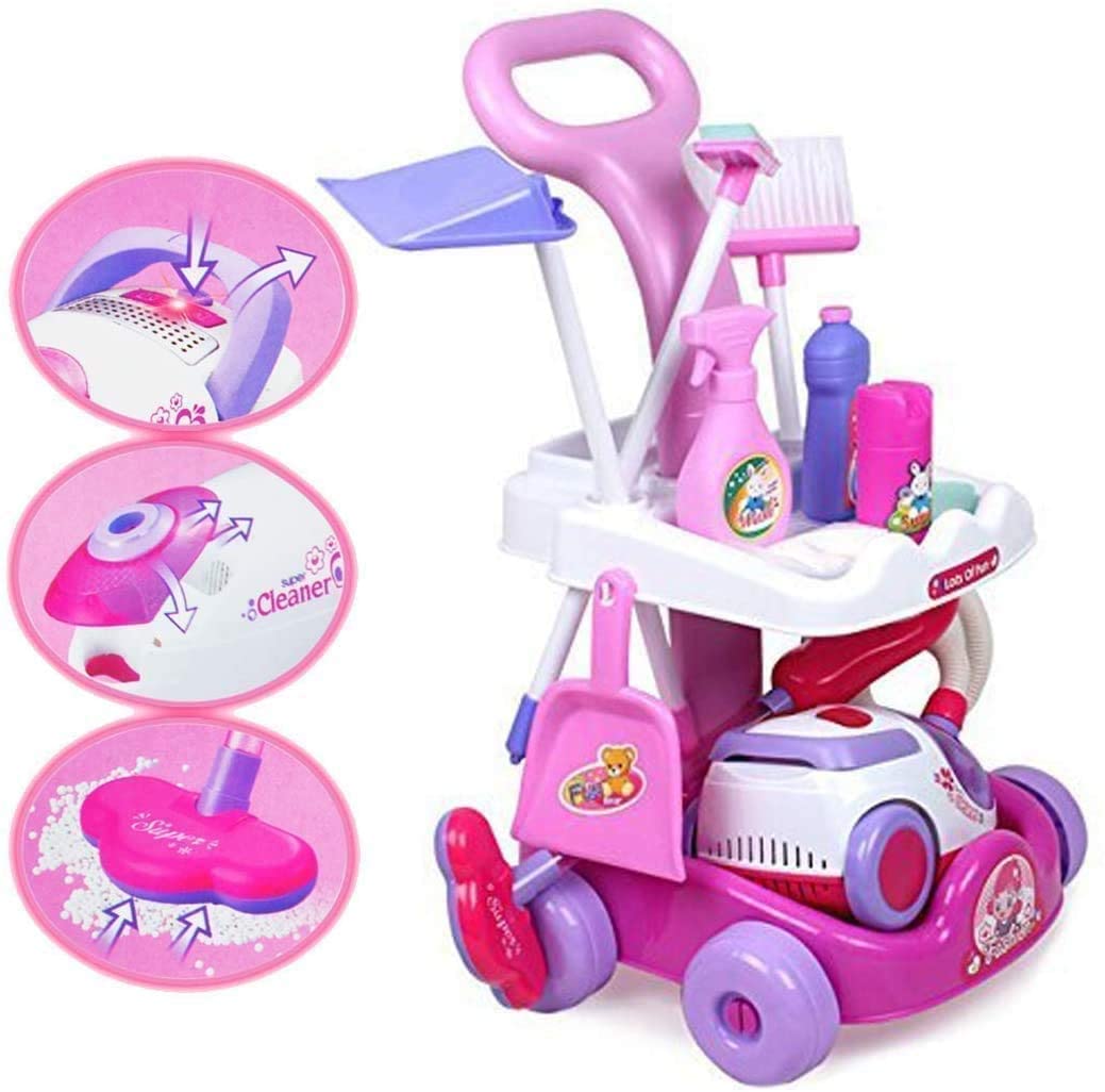 Housekeeping Cleaning Trolley Playset Caddy Includes Accessories and Toy Vacuum with Sounds and Lights