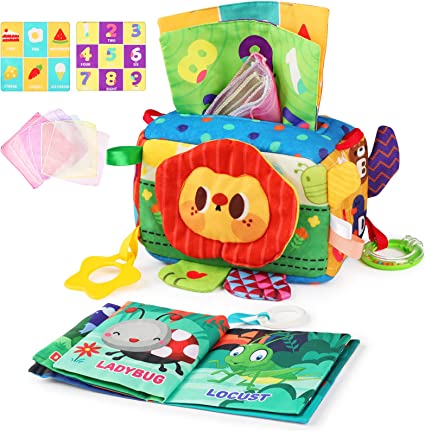Baby Tissue Box Toy Baby Sensory Toys Early Year Educational Learning Baby Magic Tissue Box with Rattle Mirror Crinkle Tissue Papers Scarves
