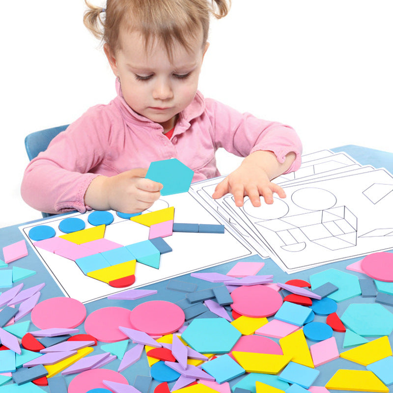 180pc Wooden Pattern Blocks Geometric Pastel Shapes Puzzle with Flash Cards