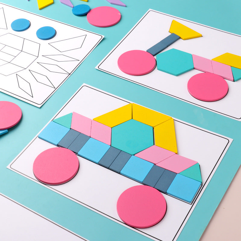 180pc Wooden Pattern Blocks Geometric Pastel Shapes Puzzle with Flash Cards