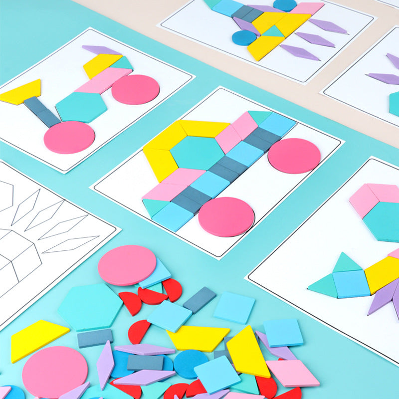 180pc Wooden Pattern Blocks Geometric Pastel Shapes Puzzle with Flash Cards