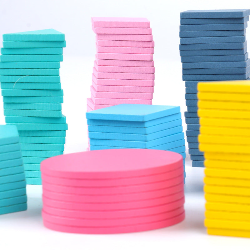 180pc Wooden Pattern Blocks Geometric Pastel Shapes Puzzle with Flash Cards