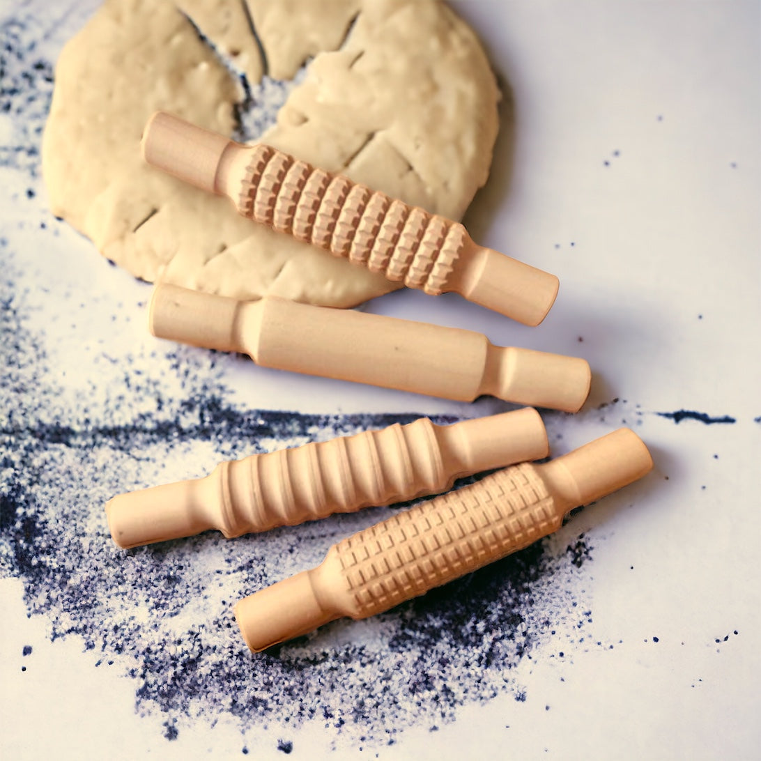 Large Wooden Sensory Playdough Roller Pin Set Tool Kit 4 pieces