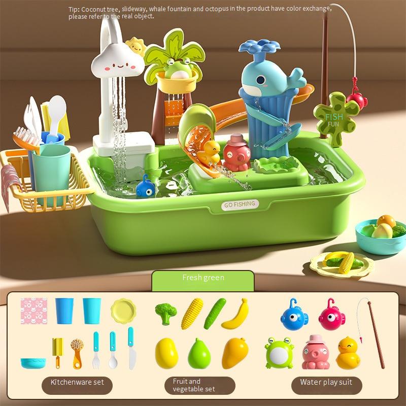 Pretend Play Kitchen Sink with Real Running Water -4-in-1 Water Play Table, Floating Pool, Fishing & Duck Slide Game - Interactive Washing Up Toy for Toddlers & Kids (Blue