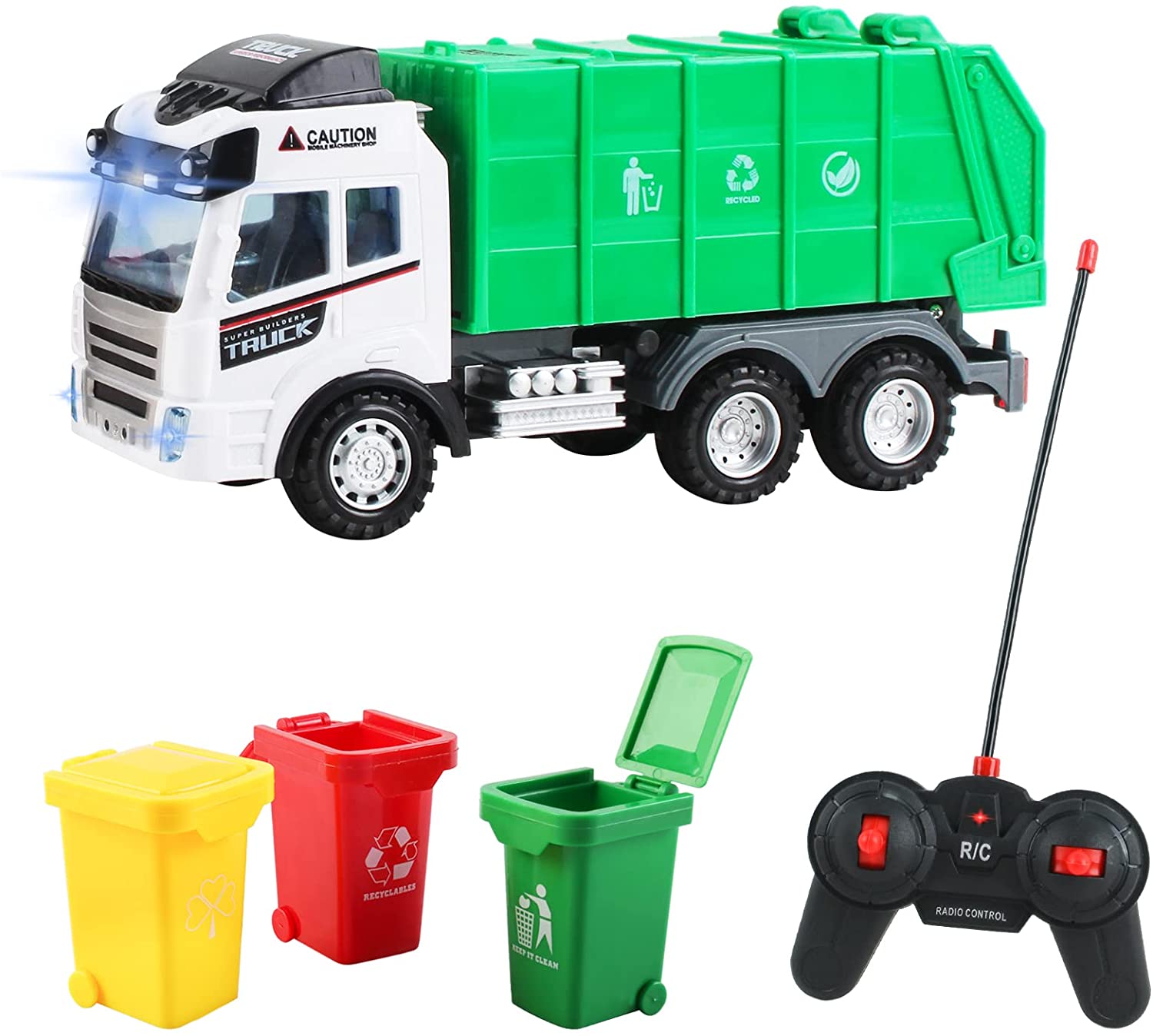 Remote Control Engineering Construction Garbage Truck Vehicle with Three Bins, Light and Sounds Functions Fun Educational Gift for Kids