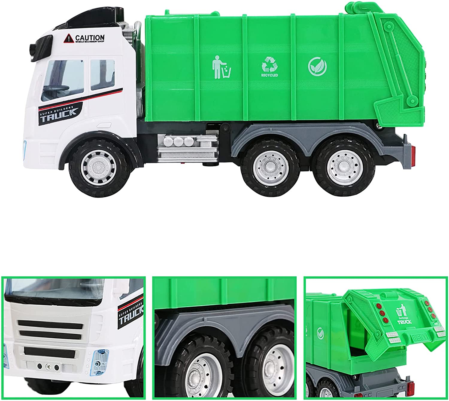 Remote Control Engineering Construction Garbage Truck Vehicle with Three Bins, Light and Sounds Functions Fun Educational Gift for Kids