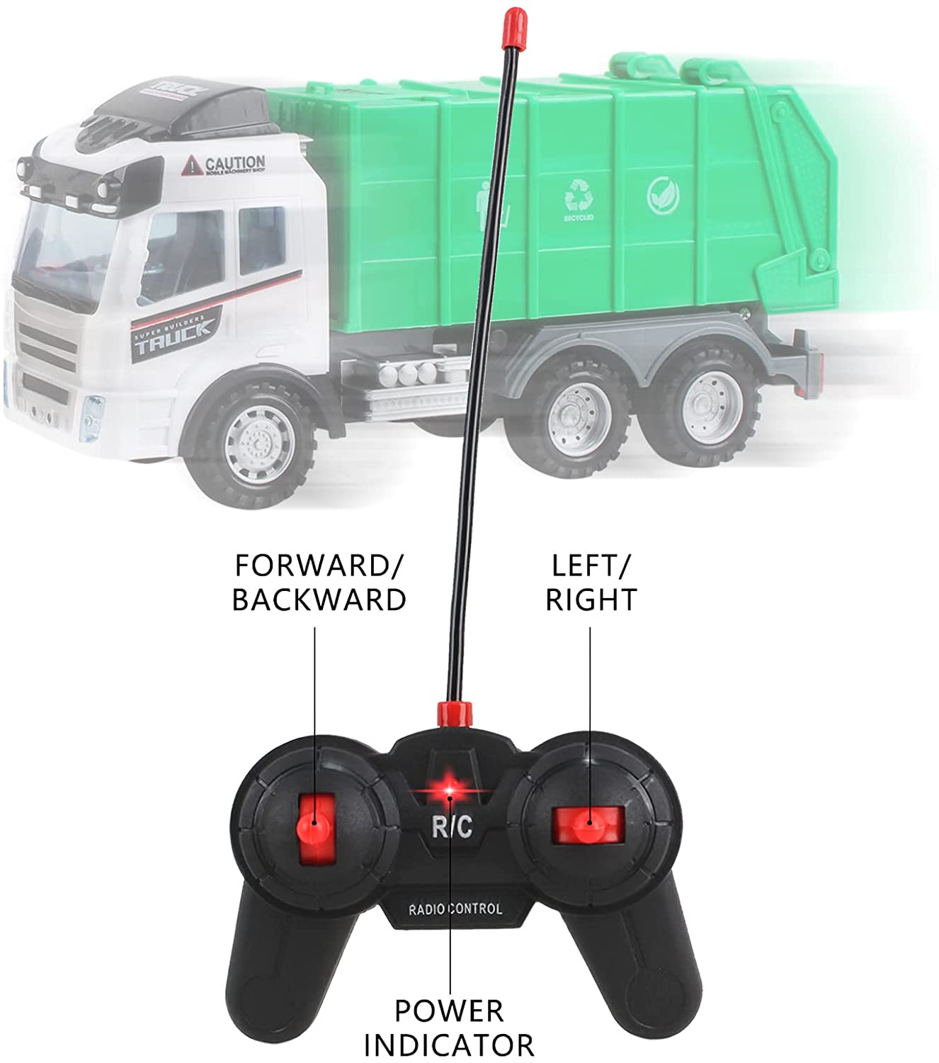 Remote Control Engineering Construction Garbage Truck Vehicle with Three Bins, Light and Sounds Functions Fun Educational Gift for Kids