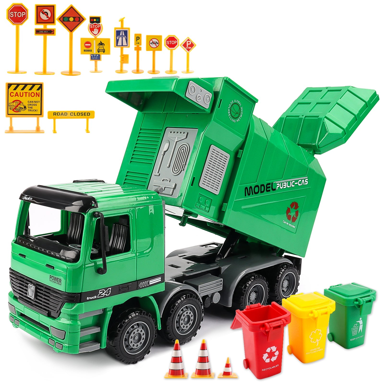 1:10 Scale Friction Powered Engineering Construction Garbage Truck Vehicle Three Bins Inertial Automatic Sensor–Educational Gift for Kids