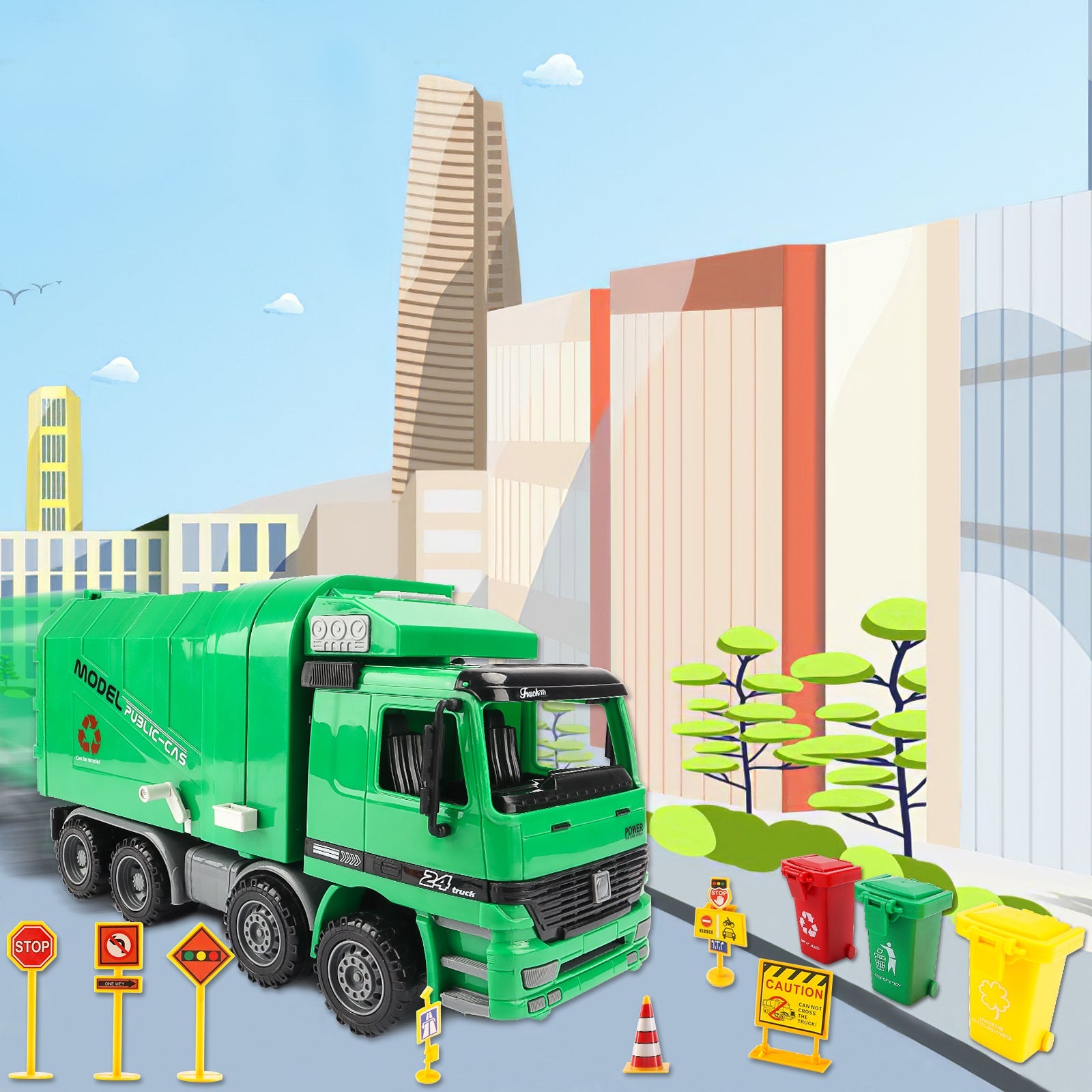 1:10 Scale Friction Powered Engineering Construction Garbage Truck Vehicle Three Bins Inertial Automatic Sensor–Educational Gift for Kids