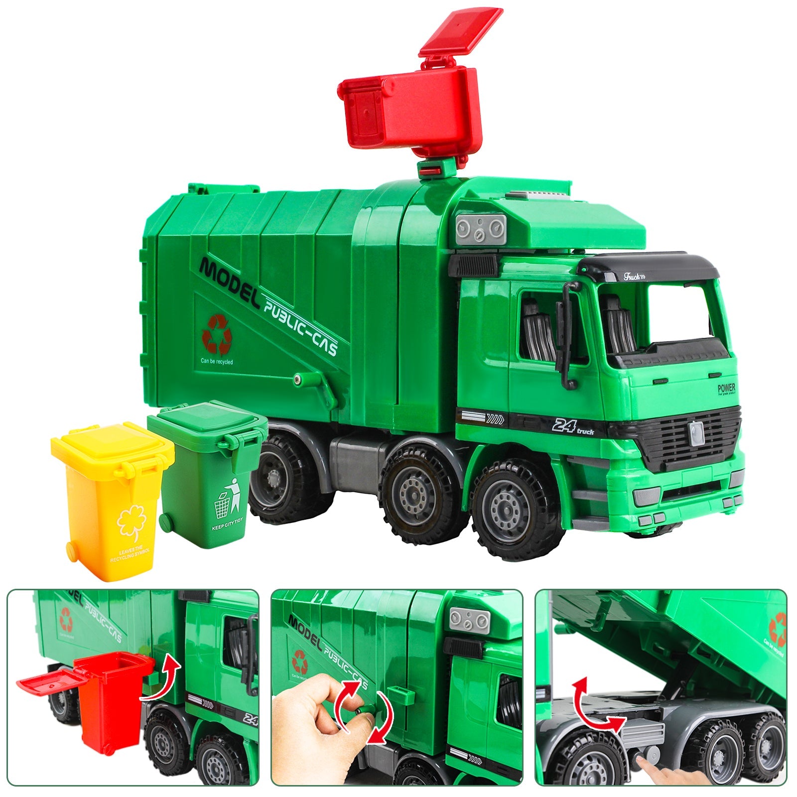 1:10 Scale Friction Powered Engineering Construction Garbage Truck Vehicle Three Bins Inertial Automatic Sensor–Educational Gift for Kids