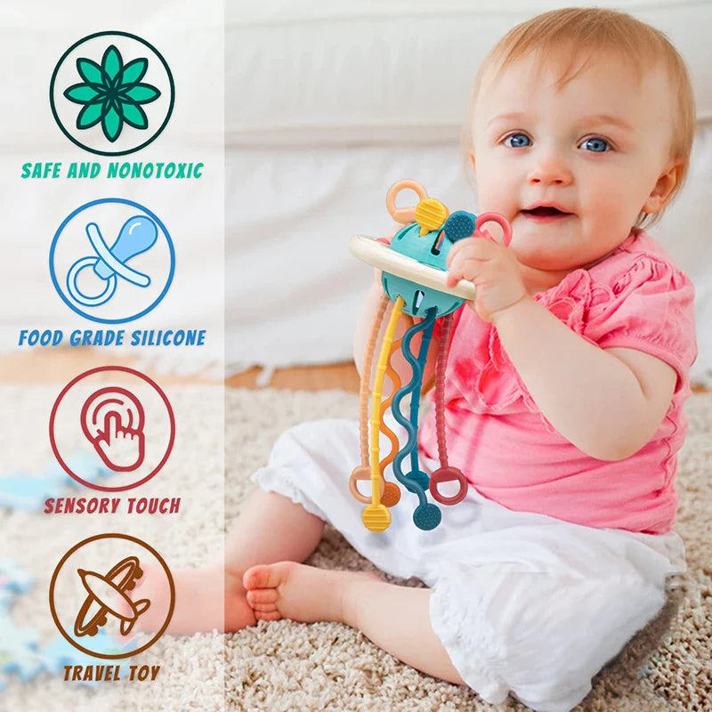 Fidtoy Montessori UFO Sensory Teething Toy for Babies Ages 1+ – Baby Pull String & Teether Activity Toy