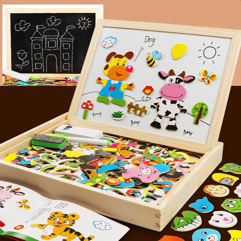 Wooden Multifunction Children Puzzle with Magnetic Writing and Drawing Board and Blackboard