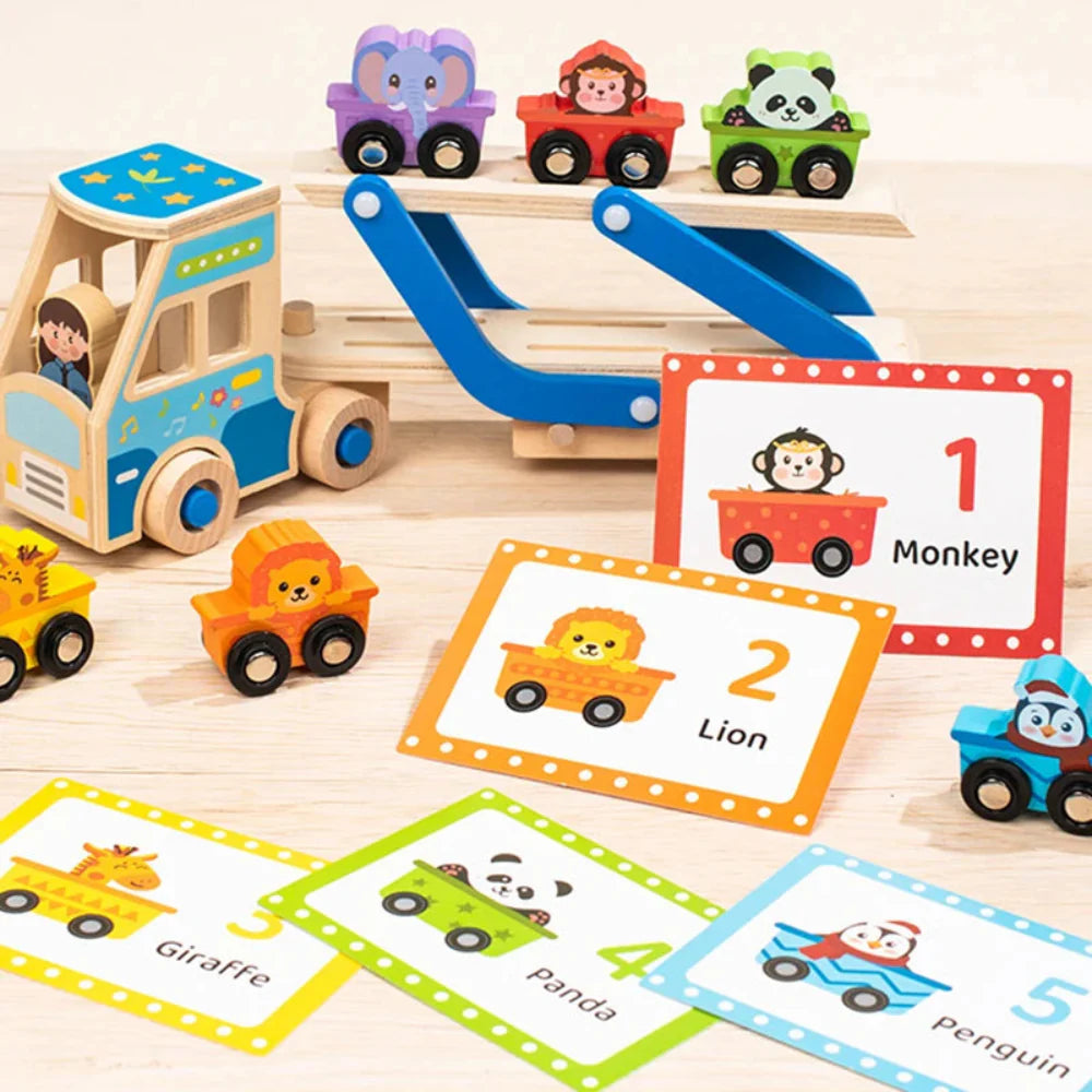 Fidtoy Wooden Tow Truck Toy for Toddlers Montessori Learning Toy with Animal Blocks for Fine Motor Skills and Creativity