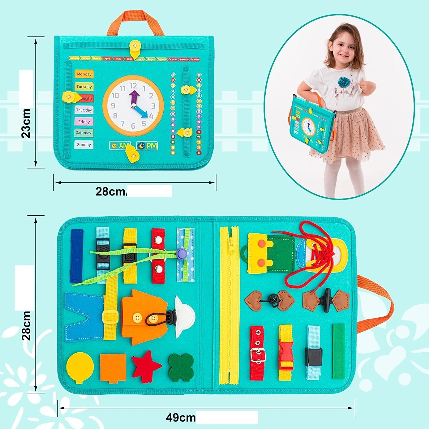 Montessori Portable Felt Busyboard Toddler Practical Life Skills ABC Calender Activity Toy