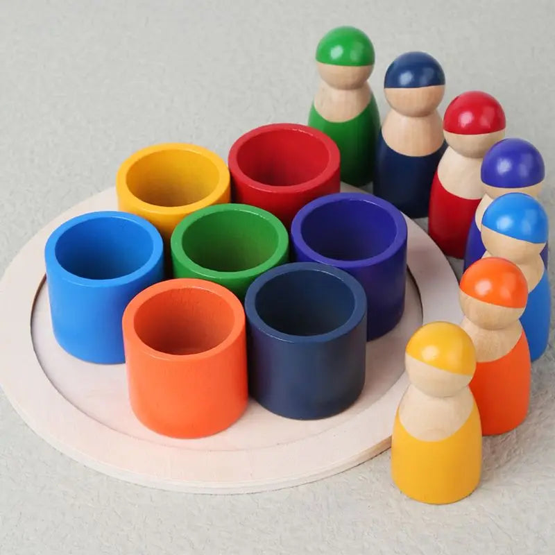 Juguete de clasificación de colores con figuras de arcoíris Fidtoy, rompecabezas de madera para niños