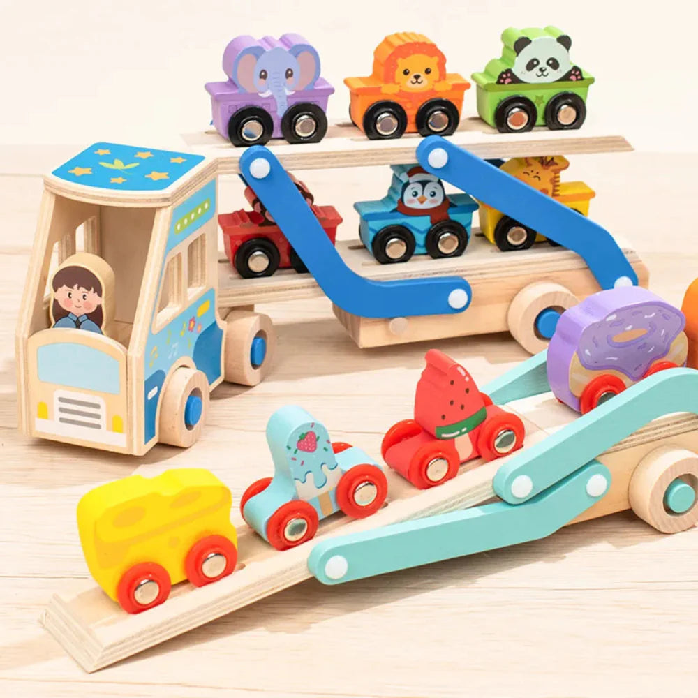 Fidtoy Wooden Tow Truck Toy for Toddlers Montessori Learning Toy with Animal Blocks for Fine Motor Skills and Creativity
