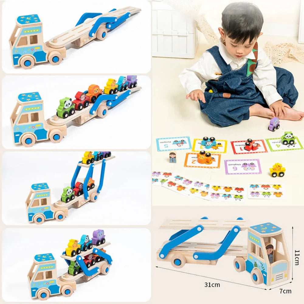 Fidtoy Wooden Tow Truck Toy for Toddlers Montessori Learning Toy with Animal Blocks for Fine Motor Skills and Creativity