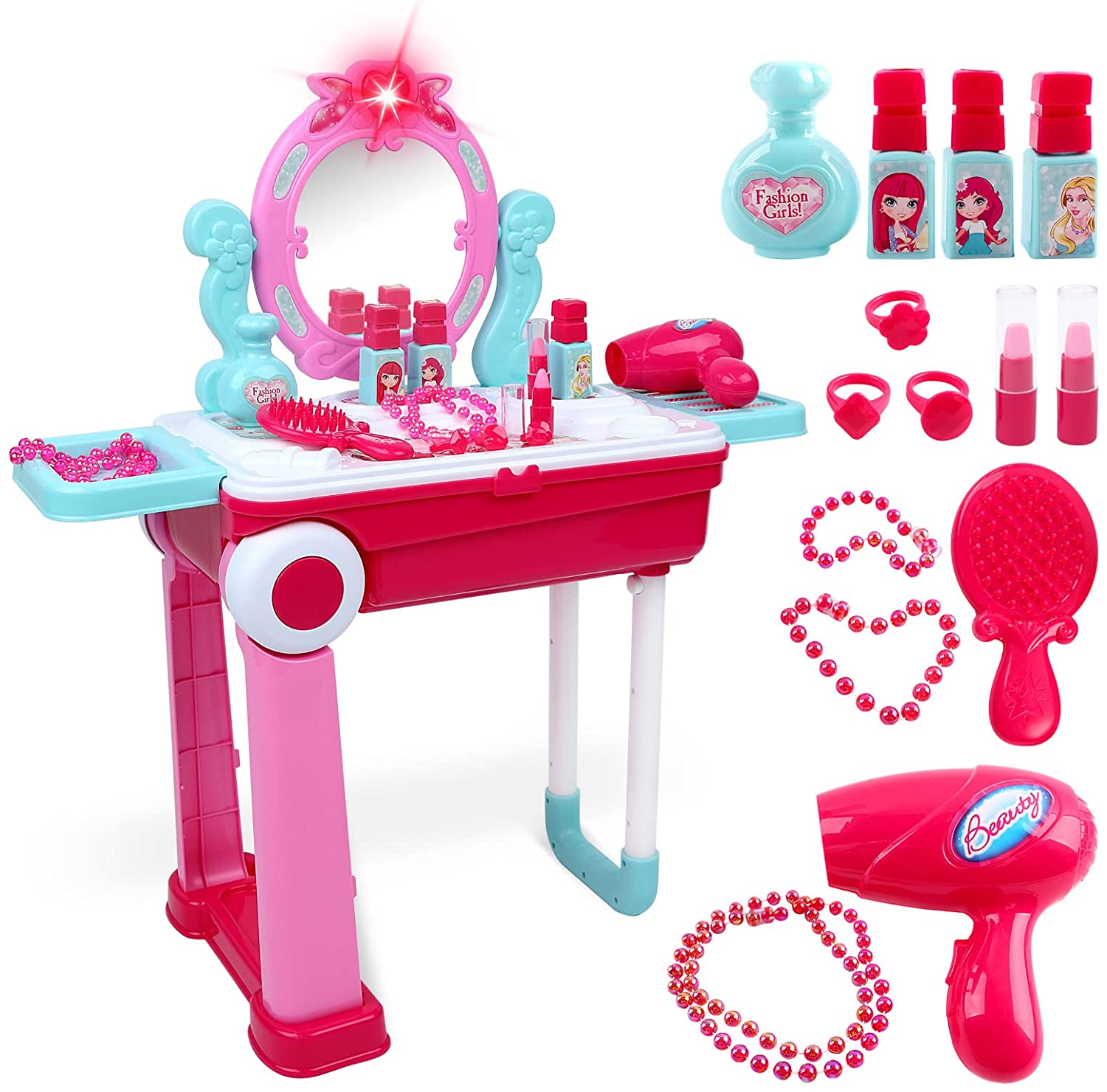 2-in-1 Portable Vanity Dressing Table and Convertible Suitcase Role Play Set Makeup Beauty Play Toys Great Birthday Christmas Gift for Kids
