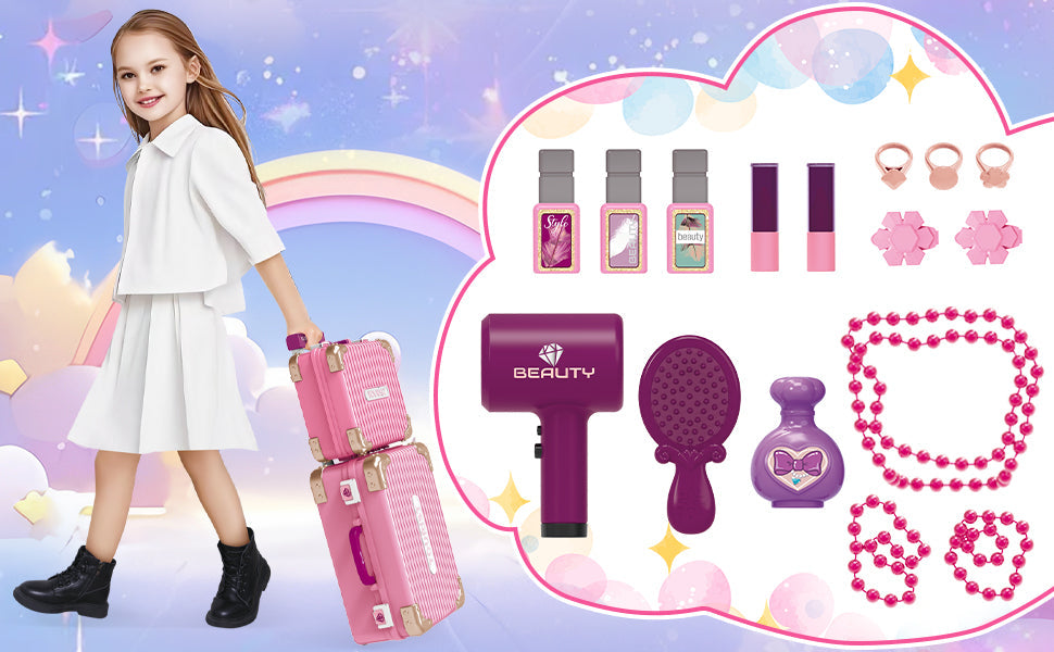Kids Beauty Vanity Set with Suitcase Dressing Table Hair Salon Pretend Makeup & Hairdressing Toy Set Portable Dressing Table Princess Dress Up Playset Gift Toddler