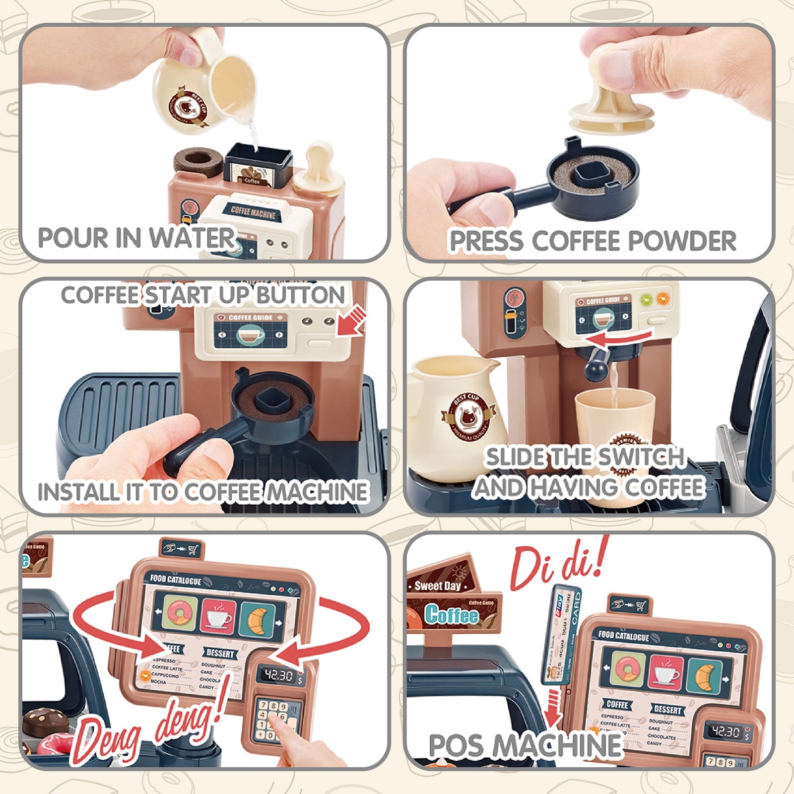 Pretend Kitchen Play Store Coffee Playset Toddlers Coffee Maker Play Set Dessert Shopping with Coffee Machine Cash Registers Toy Kids Age 3+