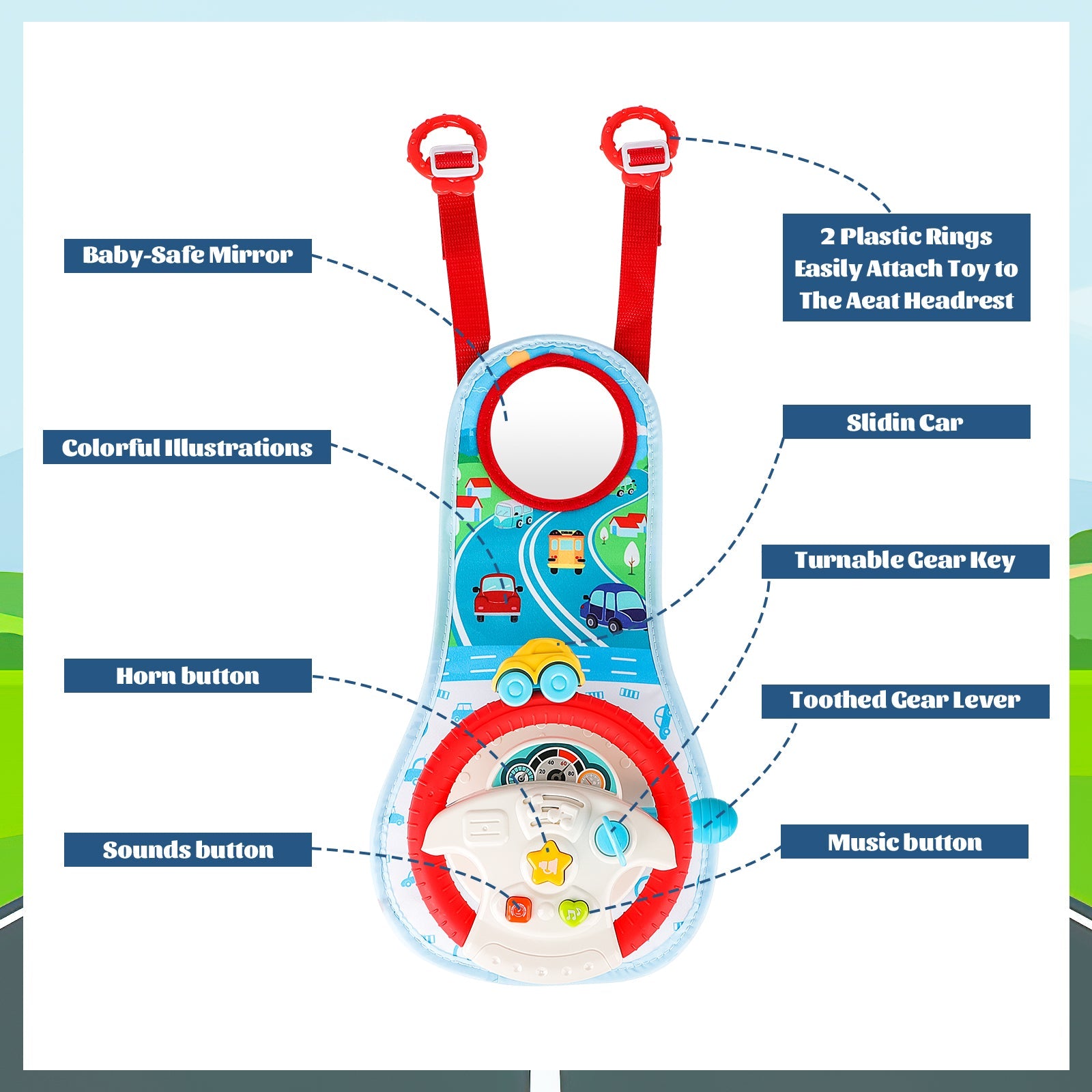 Pretend Simulated Driving Steering Wheel Toy Car Backseat Toys with Light and Music Early Educational Fun Gifts for Kids