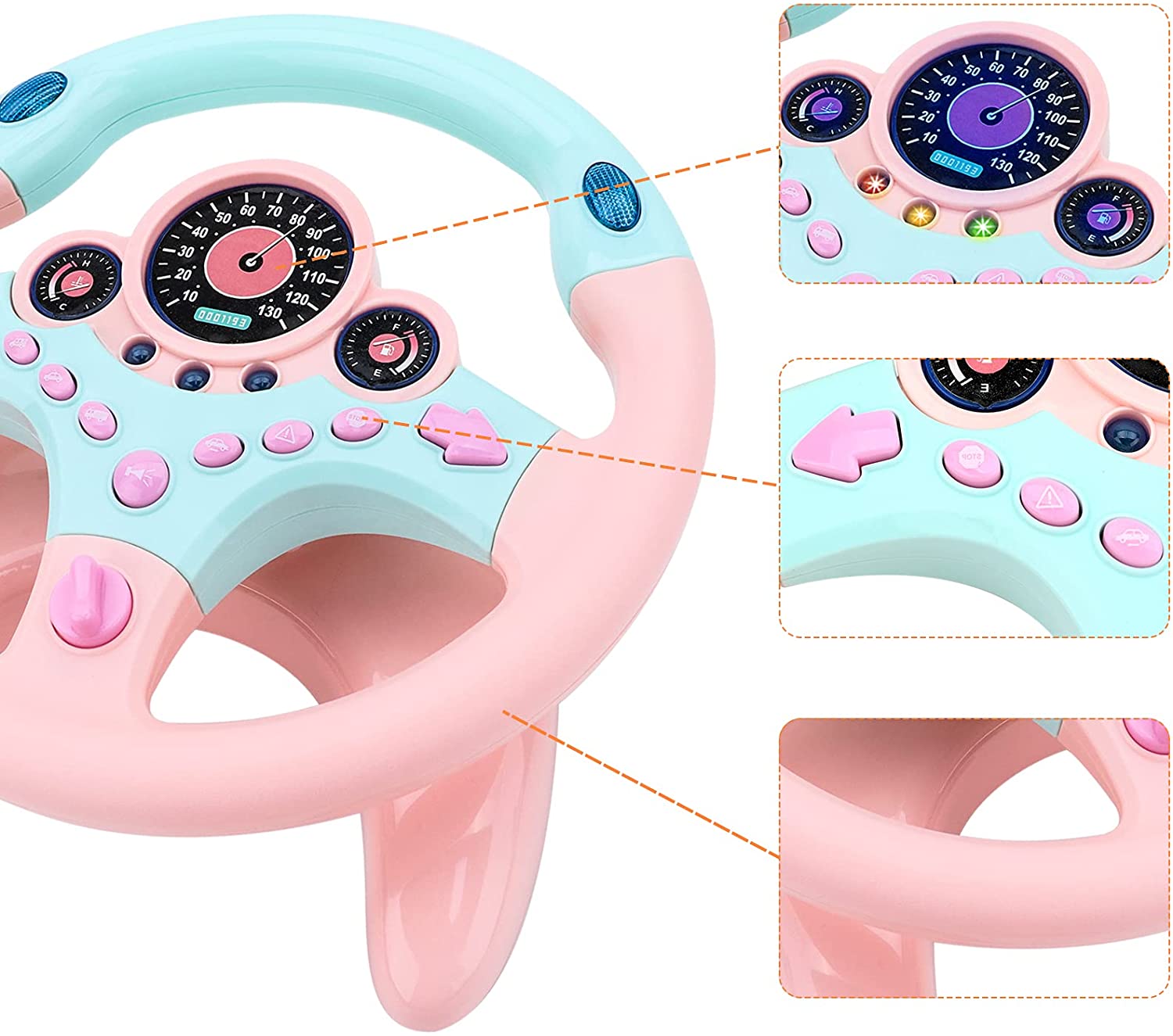 Steering Wheel for Car Backseat Pretend Driving Simulated Driving Steering Wheel Toy Light and Music Educational Gifts for Kids Pink
