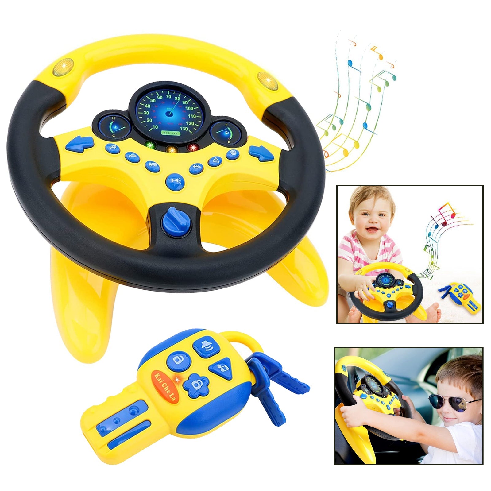 Steering Wheel for Car Backseat Pretend Driving Simulated Driving Steering Wheel Toy Light and Music Educational Gifts for Kids- Yellow