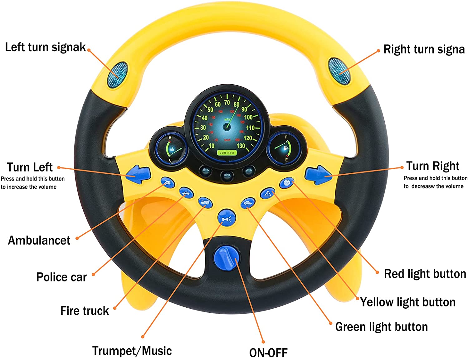 Steering Wheel for Car Backseat Pretend Driving Simulated Driving Steering Wheel Toy Light and Music Educational Gifts for Kids- Yellow
