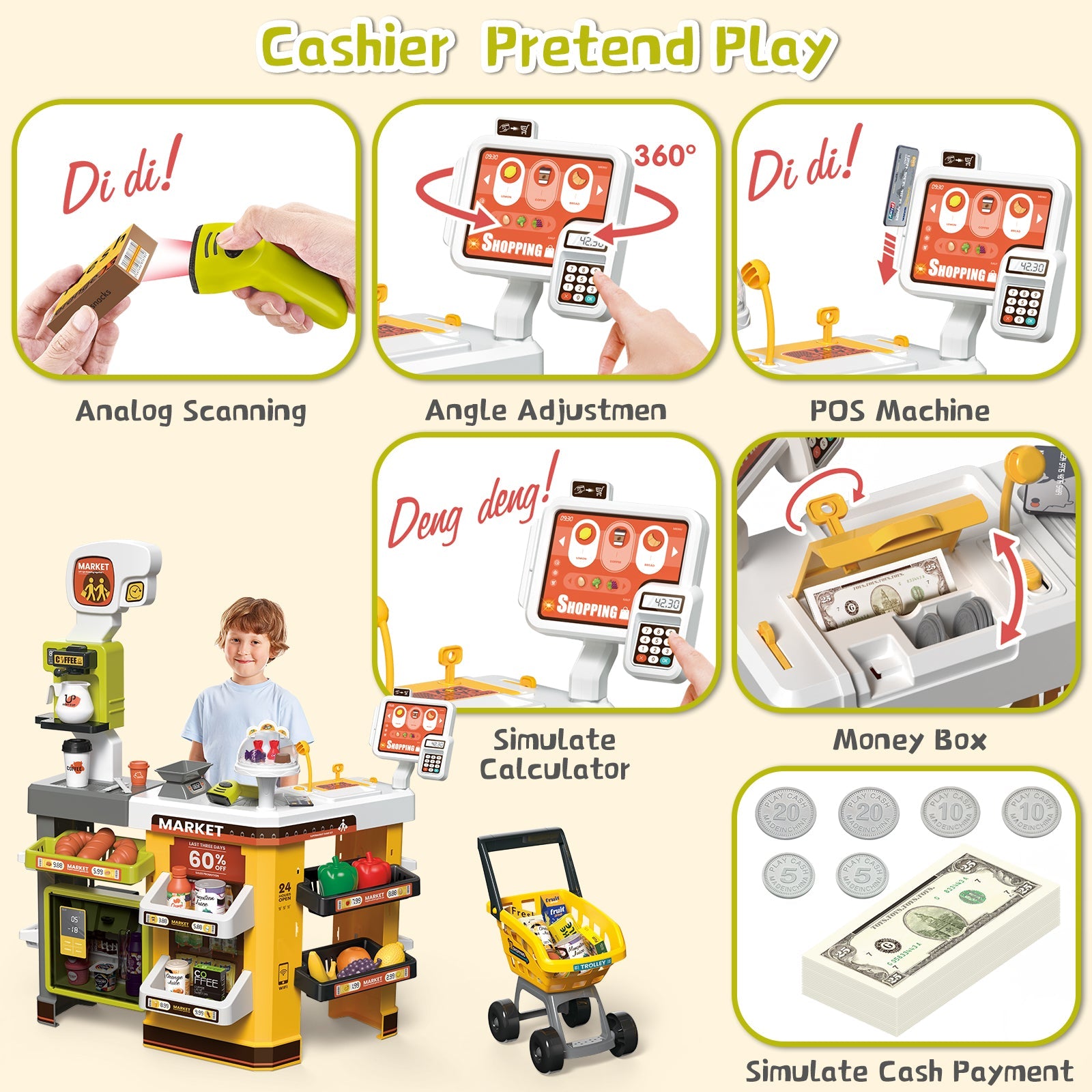 65PCS Supermarket Cart Toys Play Set Role Play Cash Register Pretend Interactive Grocery Stand Store Simulate Light Music and Smoking for Kids
