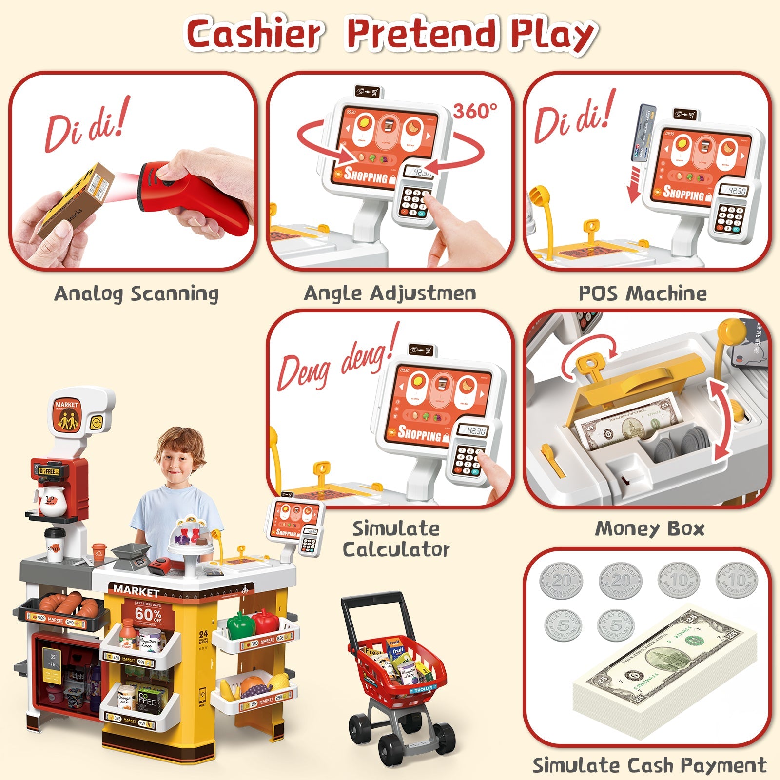 65 PCS Grocery Store Playset Pretend Supermarket Playset for Kids w/ Shopping Cart Cash Register Play Food Accessories Christmas Birthday Gift