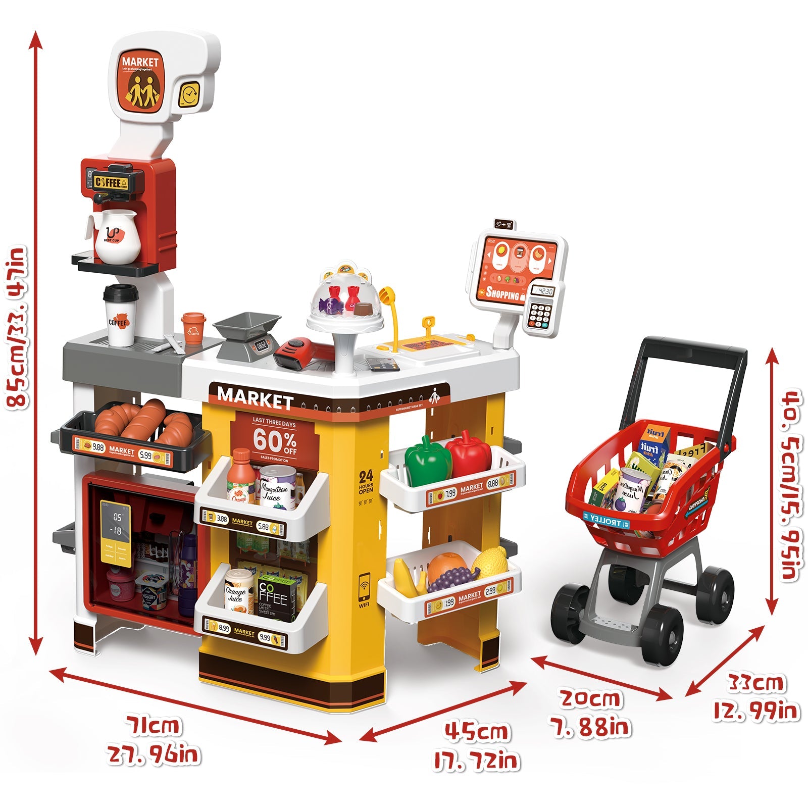 65 PCS Grocery Store Playset Pretend Supermarket Playset for Kids w/ Shopping Cart Cash Register Play Food Accessories Christmas Birthday Gift