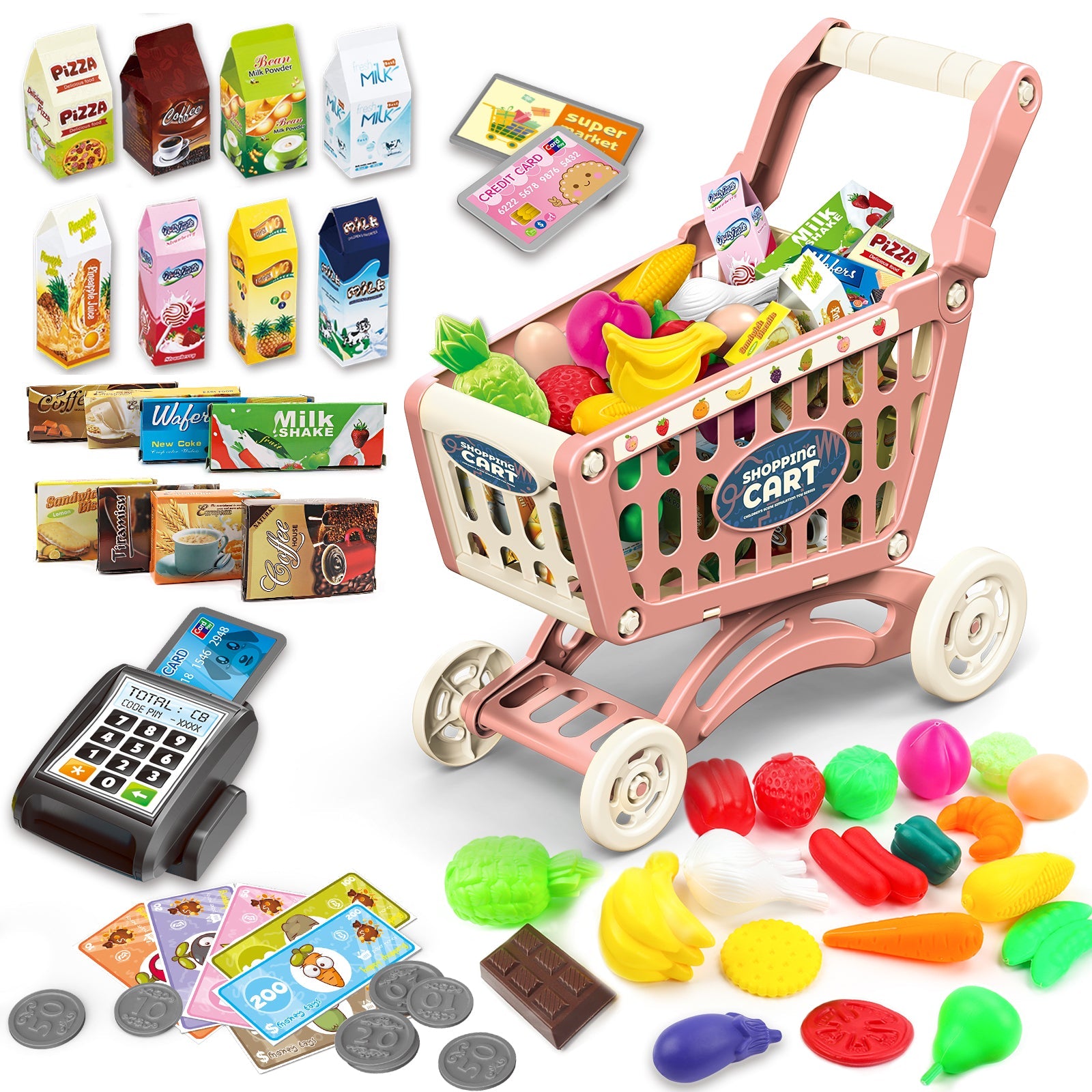 Kids Easy to Assemble Shopping Cart with Groceries, POS Machine, Plastic Money, Credit Cards and Shopping Cards - Red
