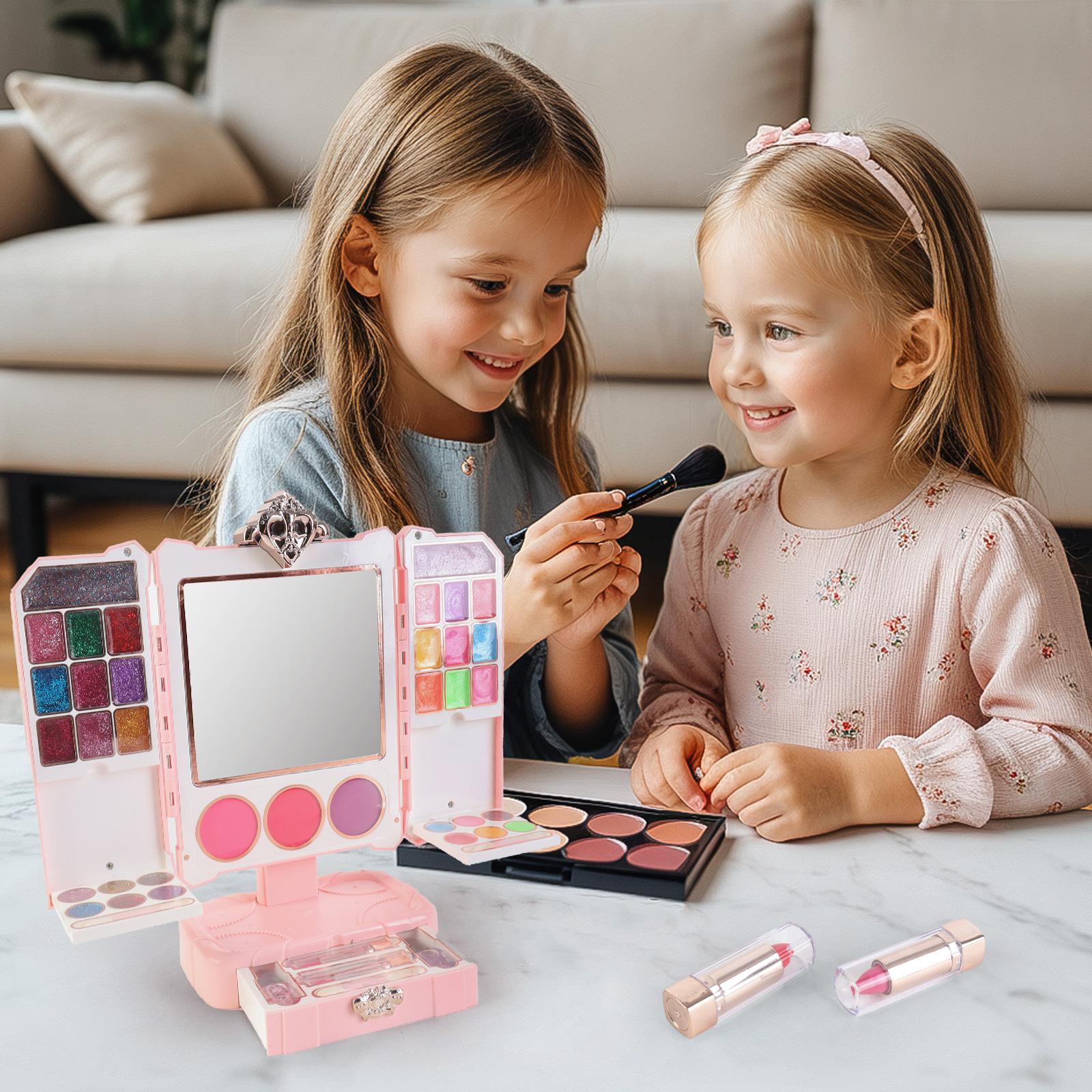 Kids Pink Beauty Make-Up Dresser Set – Foldable Vanity with Mirror, Light-Up Music, and Complete Makeup Accessories for Girls, Perfect for Pretend Play and Role-Playing Fun, Gift for Ages 3+