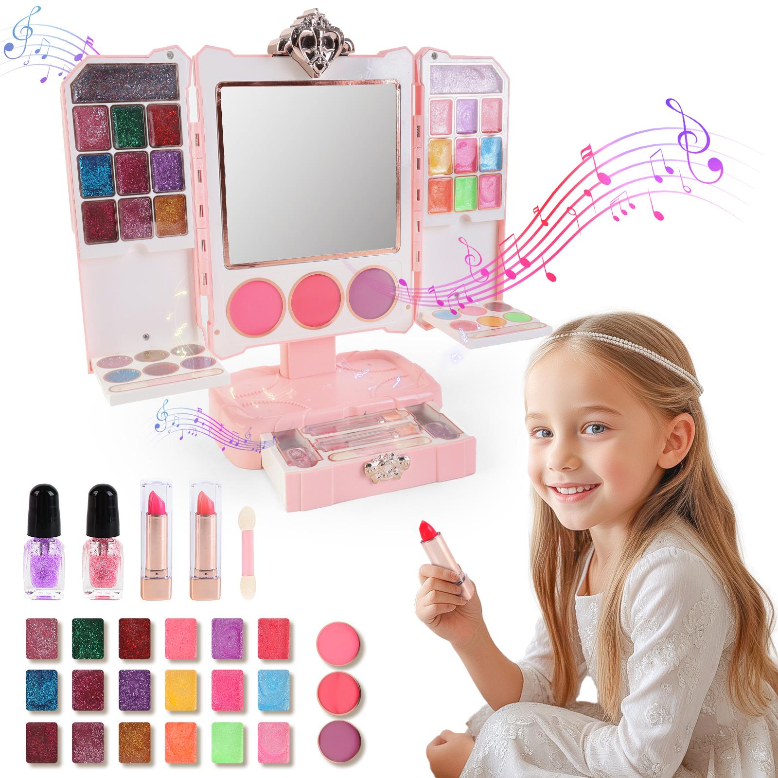 Kids Pink Beauty Make-Up Dresser Set – Foldable Vanity with Mirror, Light-Up Music, and Complete Makeup Accessories for Girls, Perfect for Pretend Play and Role-Playing Fun, Gift for Ages 3+